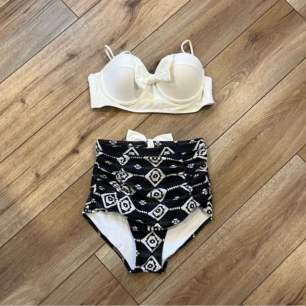 Black and white hi rise bikini set